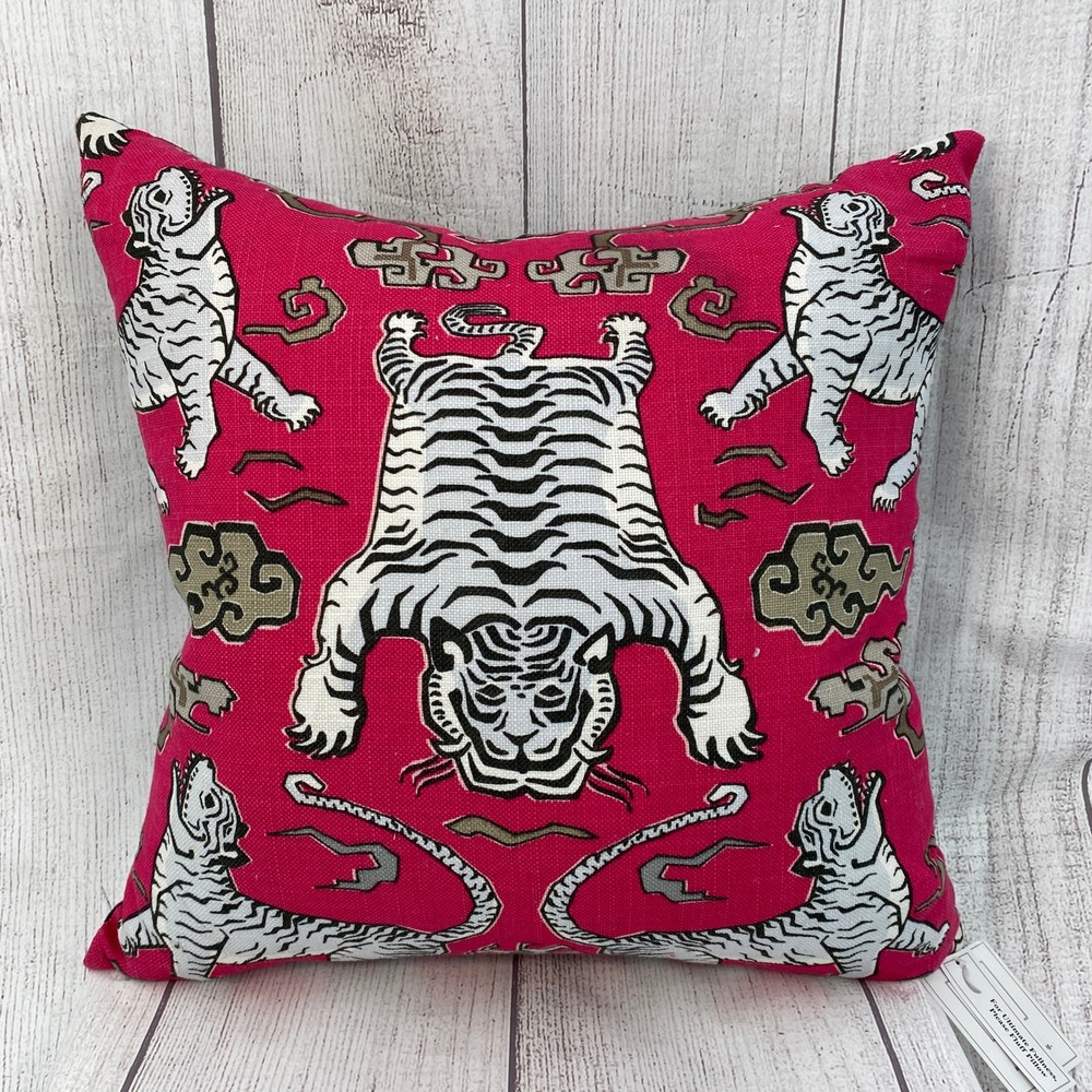 Sherry Kline Tiger Throw Pillow Pink White Black Woven Accent Eclectic Asian